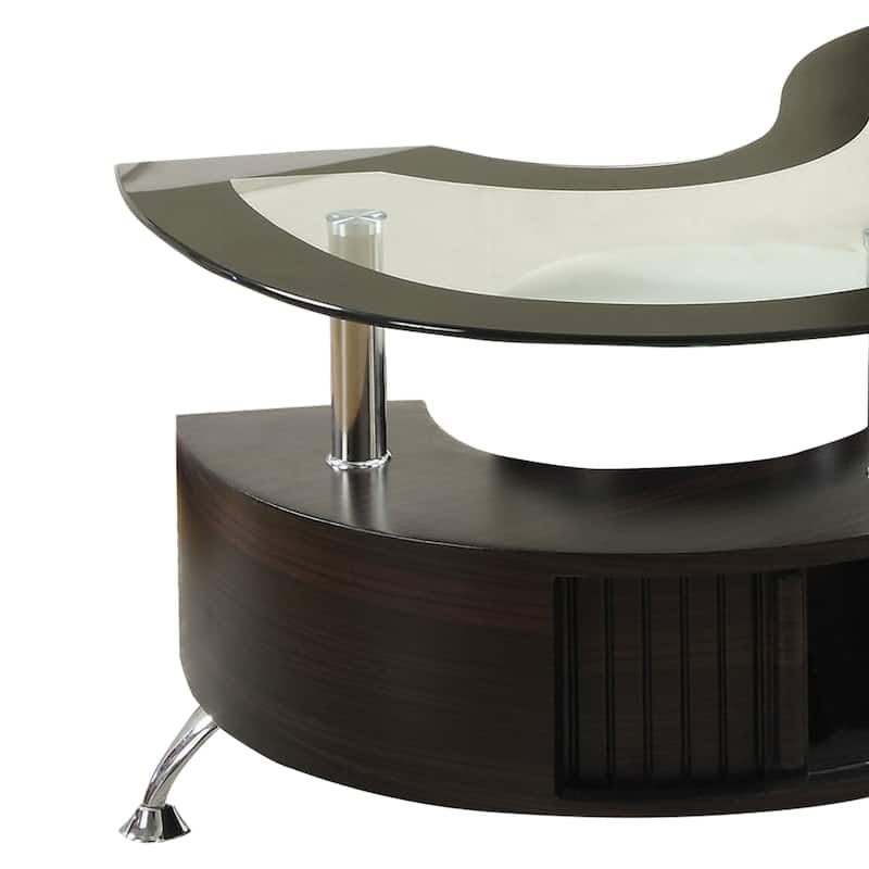 S Shape Contemporary Wood Base Coffee Table with Glass Top,Silver and Brown