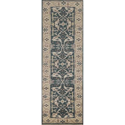 Teal Oushak Indian Runner Rug Hand-Knotted Wool Carpet - 2'7"x 9'11"