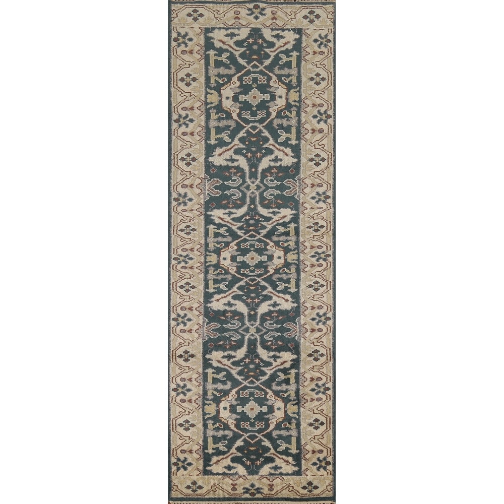 Teal Oushak Indian Runner Rug Hand-Knotted Wool Carpet - 2'7"x 9'11"