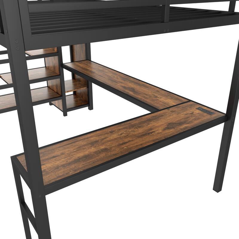 Queen Loft Bed with L-Shaped Desk - Metal Frame Features Wardrobe, Adjustable Shelf & USB/LED Lights