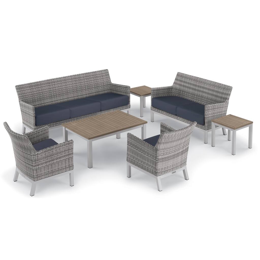 Oxford Garden Argento 7-piece Resin Wicker Lounge & Travira Tekwood Vintage Table Set - Midnight Blue Cushions