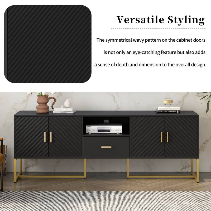 Roomfitters Modern TV Stand for up to 70 Inch TV, Media Cabinet with Drawer, Metal Legs and Safety Features, Black