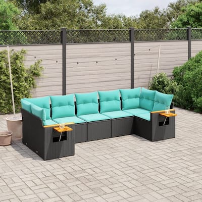 vidaXL 7 Piece Patio Sofa Set with Cushions Black Poly Rattan - 21.7x27.2x24.4