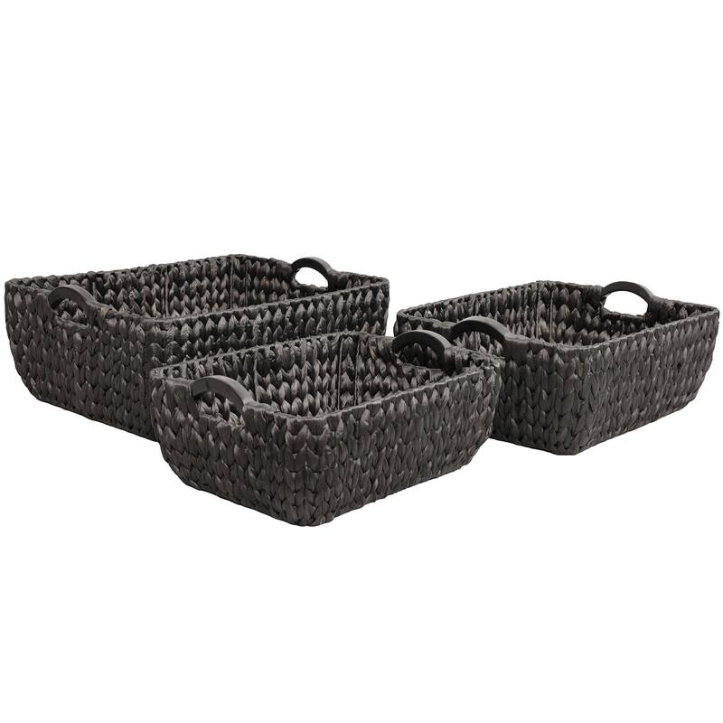 Astor Handwoven Water Hyacinth Nesting Storage Baskets, Wood Handles (Set of 3) - Black