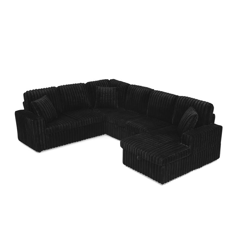 Corduroy Upholstered Reclining Sofa U-shaped Sleeper Sectional Couch with Pull Out Bed, Storage Chaise and Adjustable Backrests