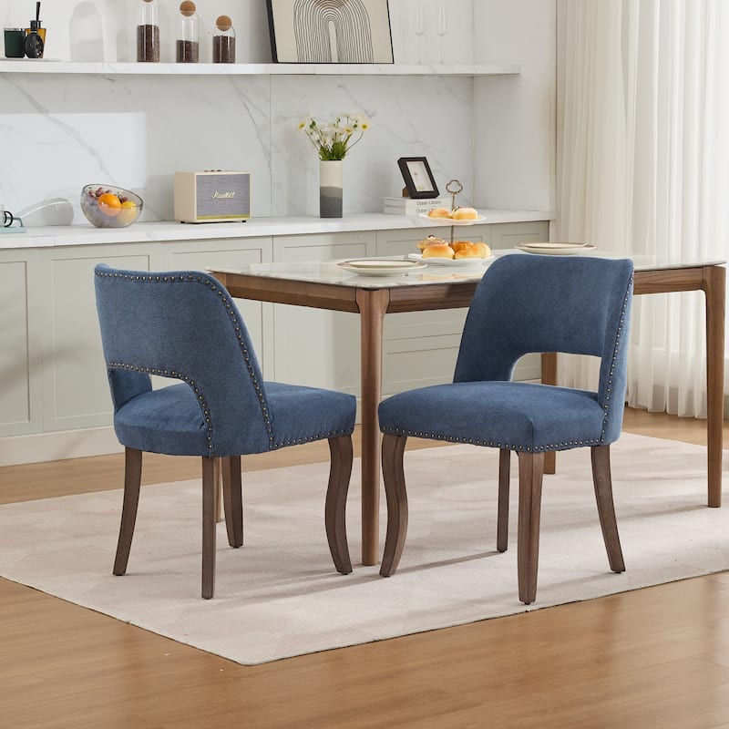 GDF Studio- Fabric Upholstered Farmhouse Dining Chair with Curved Wood Legs & Hollow-Out Back, Set of 2