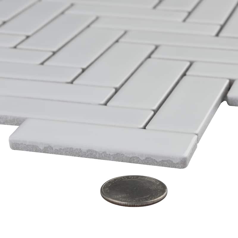Merola Tile Metro Brick Herringbone Glossy White 10-5/8" x 12-1/2" Porcelain Mosaic Tile