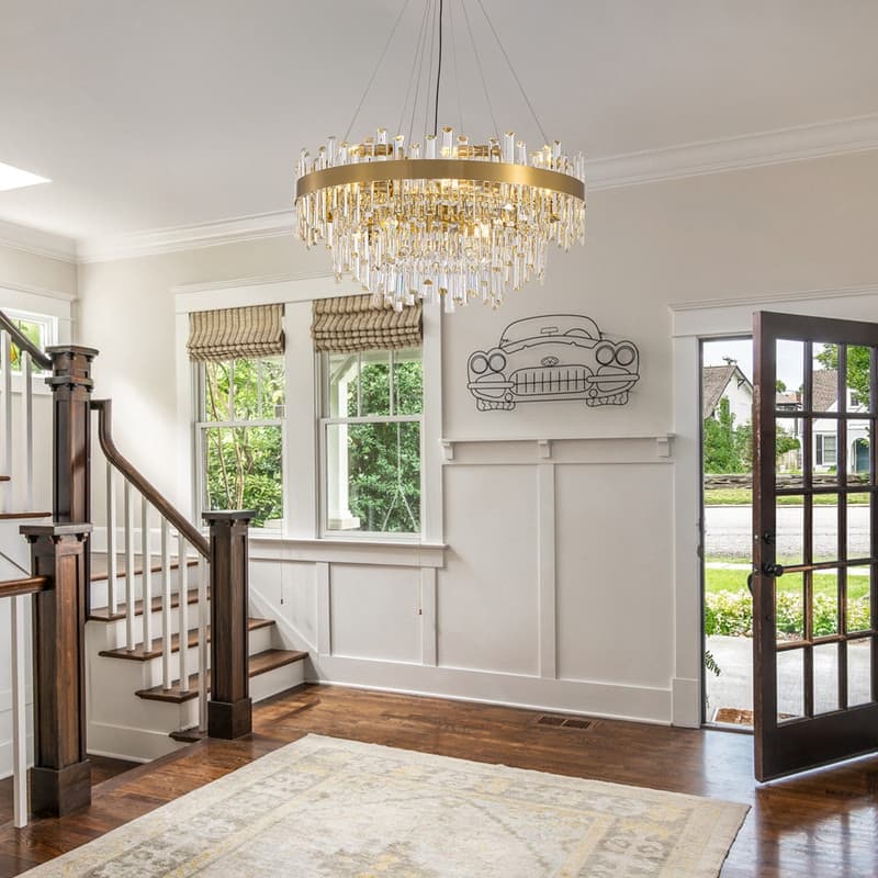 32 in. 4-Tier Modern Crystal Chandelier Brass Gold Round Crystal Raindrop Chandelier Contemporary Pendant Light for Dining Room