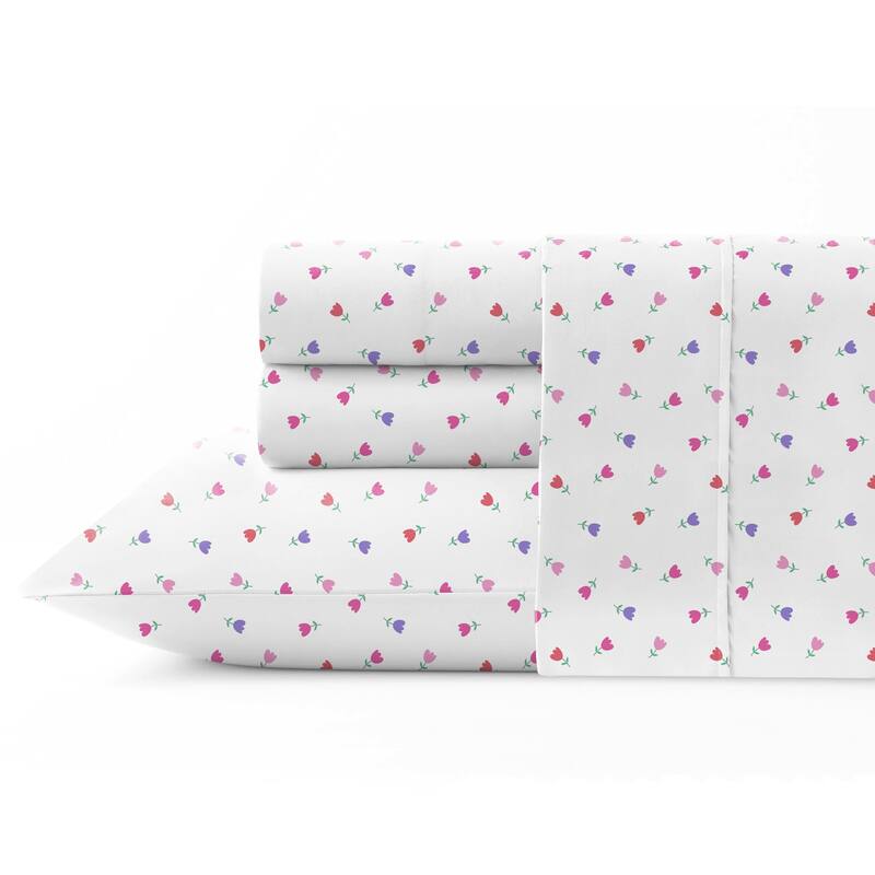 Pointehaven Crisp Percale Printed Long Staple Combed Cotton Sheet Set - Petit Floral - Queen