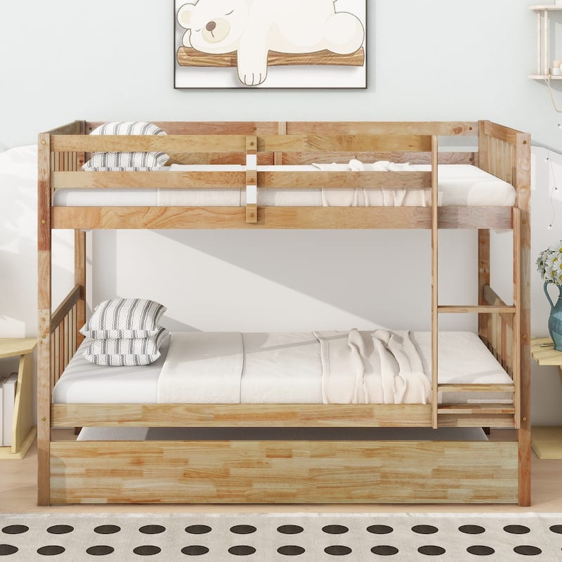 Twin Over Twin Rubberwood Bunk Bed with Pull-Out Trundle, Convertible into Two Separate Beds, Ladder and Safety Guardrails