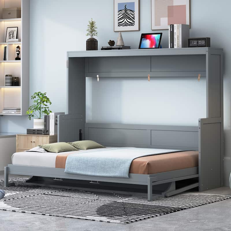 Space-Saving Full/Queen Murphy Bed with Hydraulic Lift and Desk, Gray