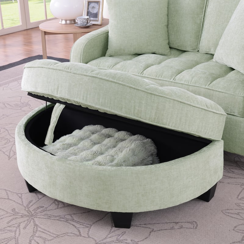 Two-Seater Chaise Lounge with Storage Footrest and Pillows, Irregular Armrest Design
