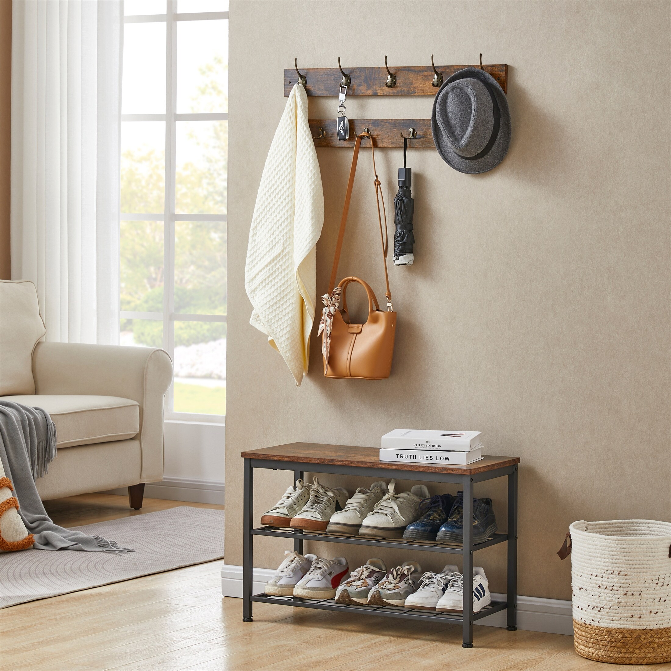 Shoe rack store with coat hooks