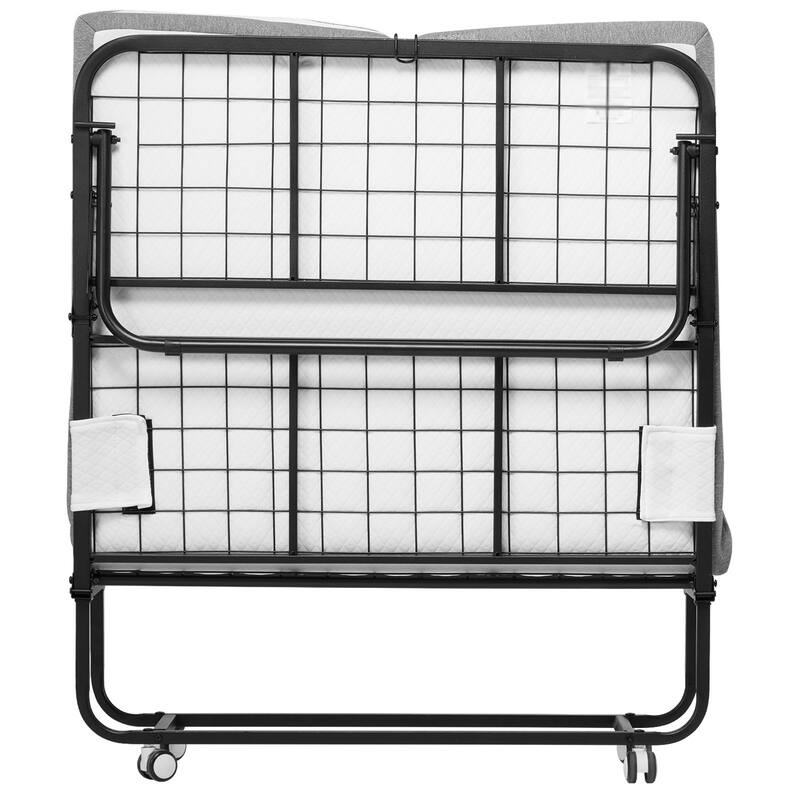 Rollaway Folding Bed with 4 Inch Foam White Mattress and Black Sturdy Steel Frame Perfect for Dorm or Guest