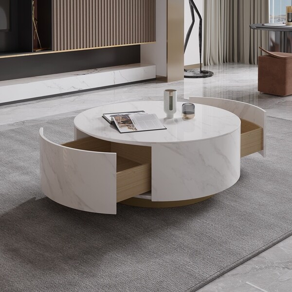 Modern Round Coffee Table with 2 Drawers Sintered Stone Tabletop and Golden Base On Sale Bed Bath Beyond 40032257