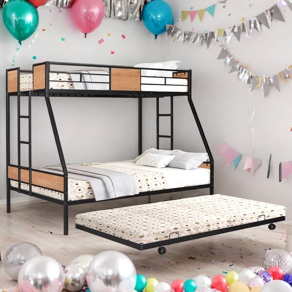 slide 2 of 18, Twin over Full Bunk Bed with Safety Guardrail and Convenient Trundle for Home Black