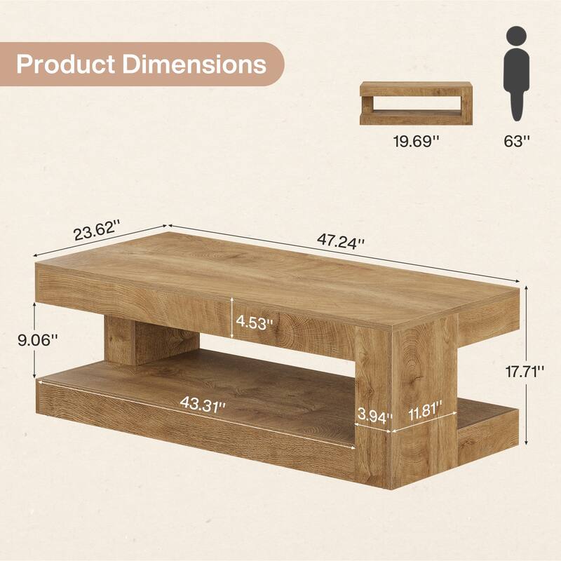 47-Inch Rectangular Coffee Table with Storage for Living Room, Grey - 23.62" D x 47.24" W x 19.69" H