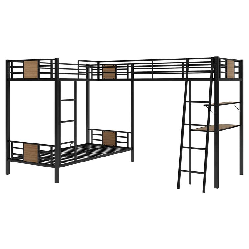 L-Shaped Twin over Twin Metal Bunk Bed Frame w/Built-in Desk & Shelves