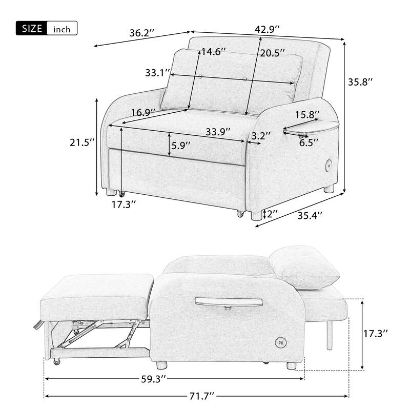 48.8″ 2-Seater Sleeper Sofa 3-in-1 with 2 Wing Tables & USB Charging