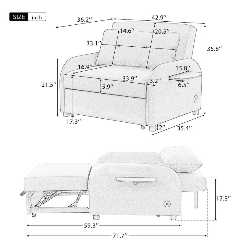 Roomfitters 3-in-1 Pull-Out Sofa Sleeper with 2-Wing Table USB Charging Port for Living Room Recreation Room