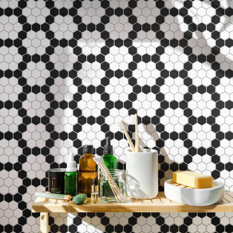 Merola Tile Metro 1" Hex Matte White w/Black Honeycomb 10-1/4" x 11-7/8" Porcelain Mosaic Floor and Wall Tile