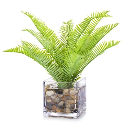 Enova Home Artificial Fern Plant Faux Plant in Cube Glass Vase with River Stone Home Garden Office Decoration - Green