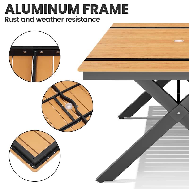 Outdoor Patio Aluminum Dining Rectangular Table with Umbrella Hole
