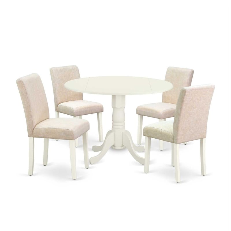 Round Kitchen Table Set with 4 Chairs - 42" Dinette Table & Parson Chairs - Linen White & Beige