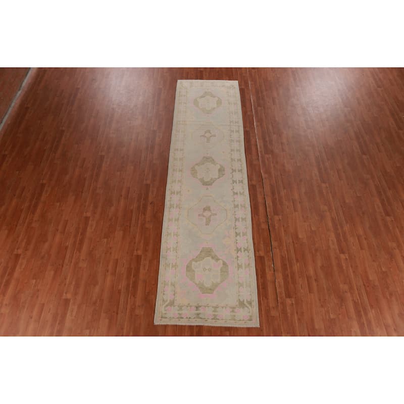 Hand Knotted Oriental 100% Wool Carpet Transitional Geometric Greys & Charcoal Oushak Runner Rug - 12' 11'' X 3' 5''