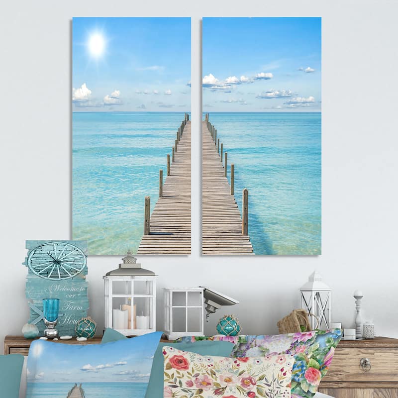 Designart "Pier Infinite to the Sea" Seascape Canvas Wall Art Print 2 Piece Set - 16" W x 32" H x 1" D x 2 Pieces