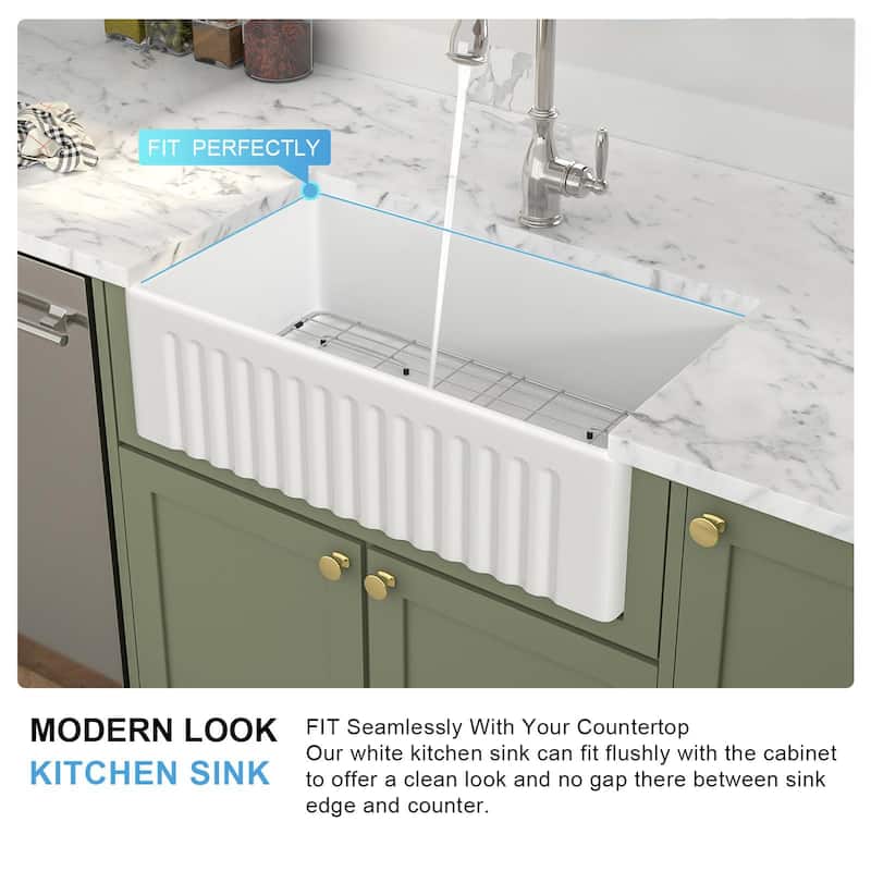 Kichae 33 Inch Ceramic Sink Undermount Farmhouse Apron Front White Kitchen Sink - 33 in.W x 18 in.D x 10 in.H