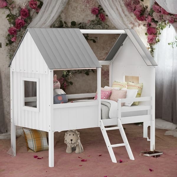 slide 2 of 9, Twin Size Low Wood House Loft Bed With Two Side Windows for Home White+Grey