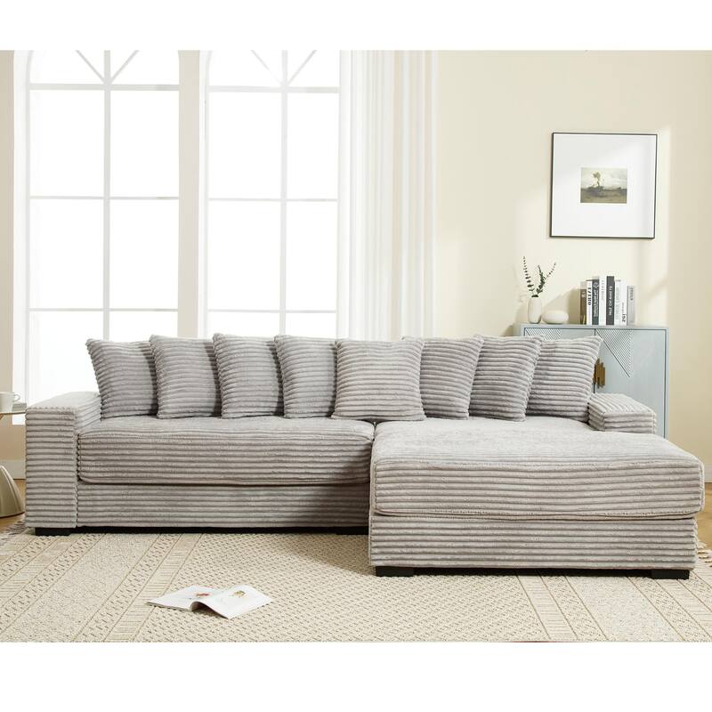 L Shaped Sectional Sleeper Sofa Corduroy Corner Sofa with Chaise Lounge and 8 Throw Pillows, Oversized Modular Daybed