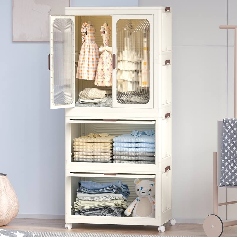Anmytek Portable Wardrobe White Storage Cabinet with 4 Cubes & Hanging Rod,10 pcs hangers for Bedroom