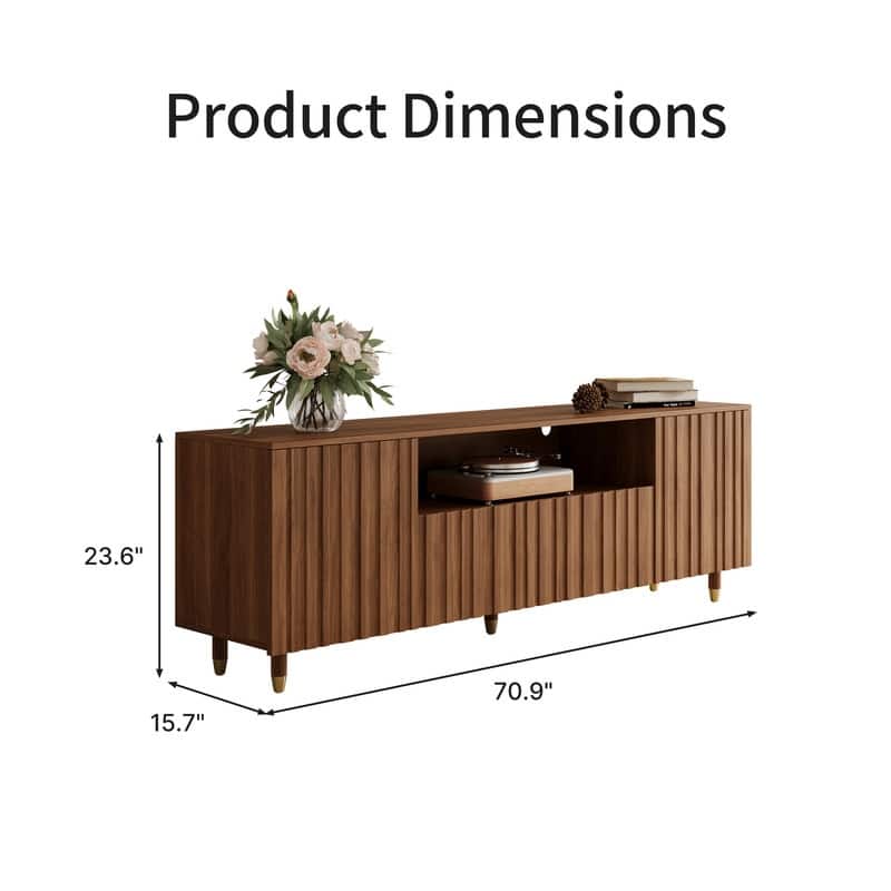 71" Mid-Century Modern Brown Wood Living Room TV Stand with Storage Cabinets & Open Shelves
