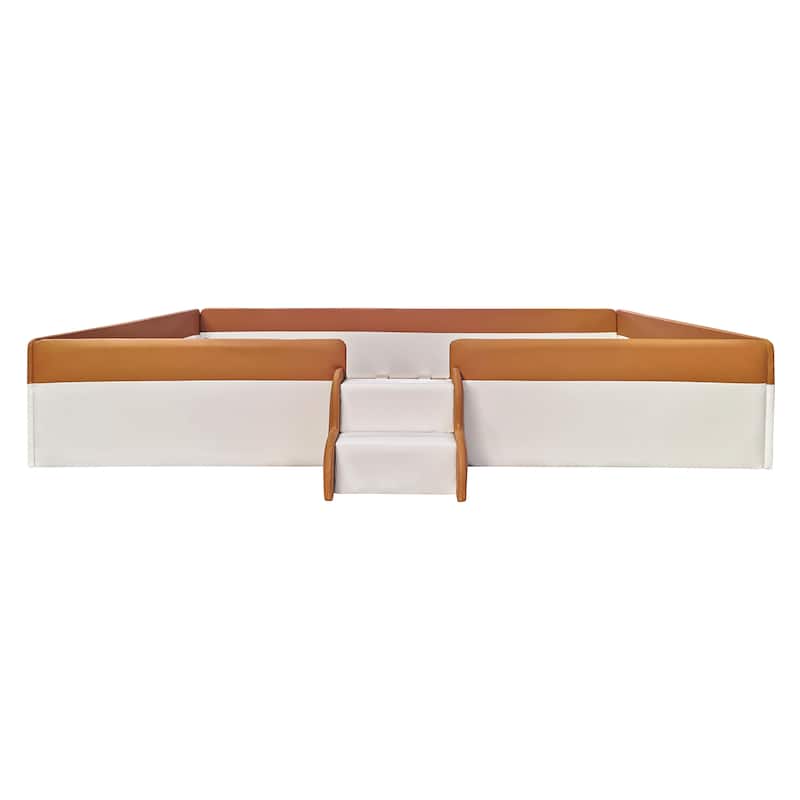 Queen Size Upholstered Daybed Frame with Fence and Stairs,(BROWN+WHITE)