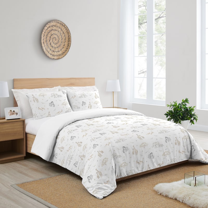 Jungle Safari Animal Full/Queen Comforter Set Taupe Black and White Gender Neutral Elephant Giraffe Wildlife Adventure Serengeti
