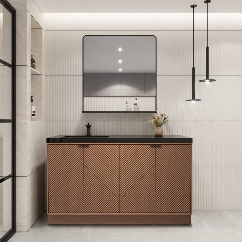 Milano 60" Freestanding Bathroom Vanity with Left Black Acrylic Sink - 59.06" x 19.49" x 35.46'' - Brown