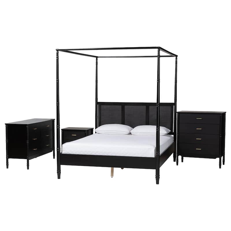 Marisela 4-Piece Black Bedroom Set - Canopy Bed with Synthetic Rattan Headboard, Matching Dresser, Chest, and Nightstand - King