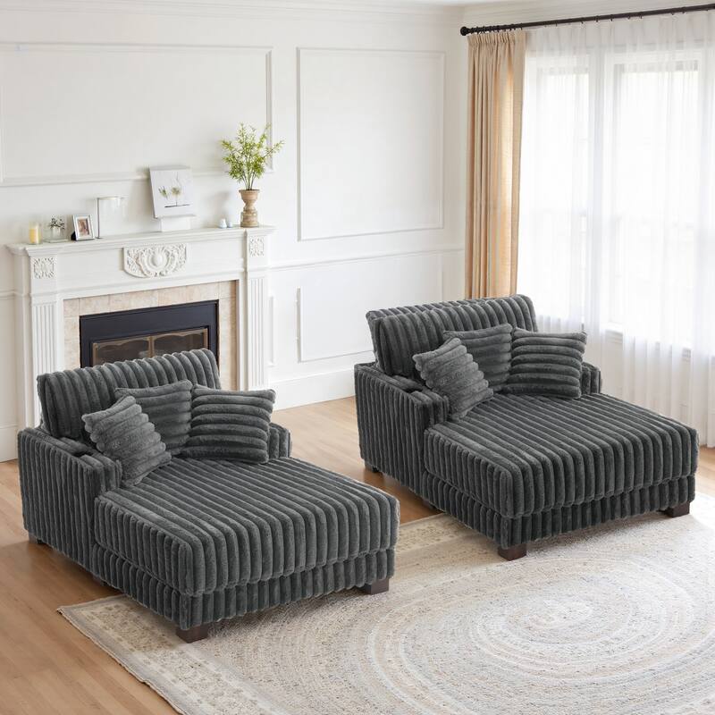 41.7" W Upholstered Plush Corduroy Chaise Lounge Set of 2 - Dark Grey