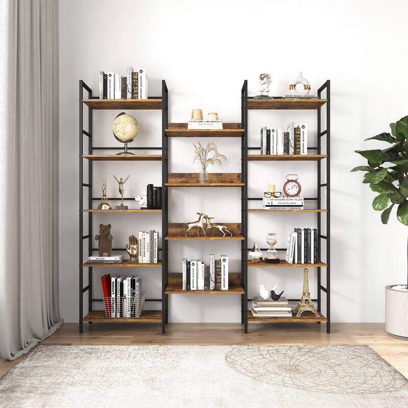 Triple Wide 5-shelf Bookshelves Industrial Retro Wooden Style Open Bookshelves - Rustic Brown