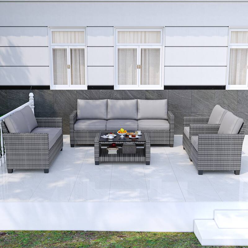 5 Piece Rattan Patio Furniture Set By 7 Seat Outdoor Furniture Sectional Sofa With Storage Table