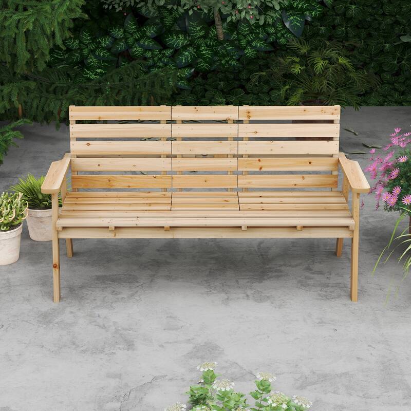 63" Natural Outdoor Fir Wooden Bench for 2-3 People with Foldable Middle Table for Garden Seating - 63" x 25" x 34" (L x W x H)