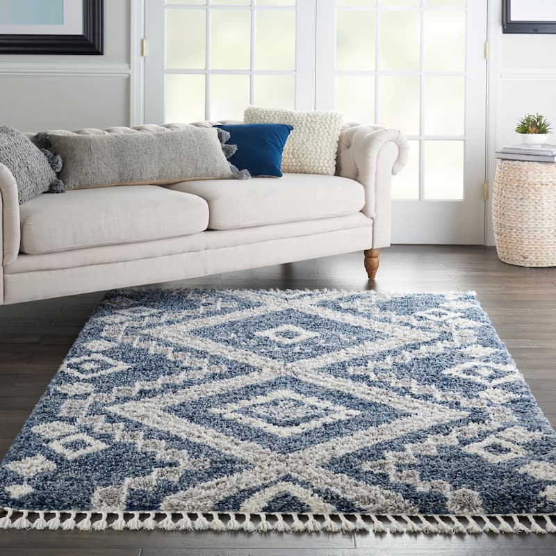 Nourison Scandinavian Shag Contemporary Tribal Area Rug - 5' 3" x 7' 9" - Denim Blue