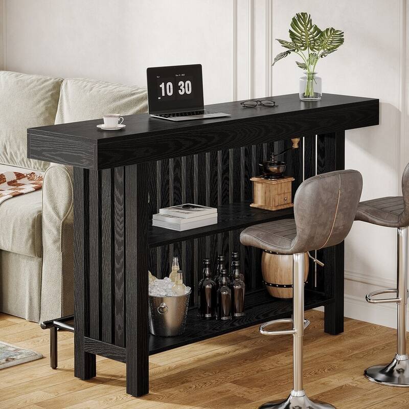 3 Tier Home Bar Unit, Mini Bar Table Height Pub Table with Footrest - Black