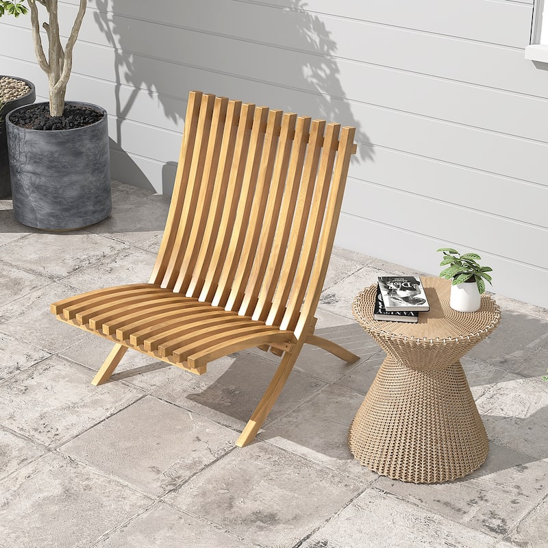 Gymax Folding Patio Chair Teak Wood Outdoor Lounge Chair w/ Slatted
