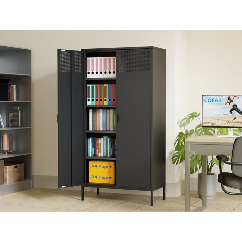 Sideboard Cabinet with Non-Slip Adjustable Feet, Metal Pantry Cabinet with Magnetic Doors & Adjustable Shelves - Black