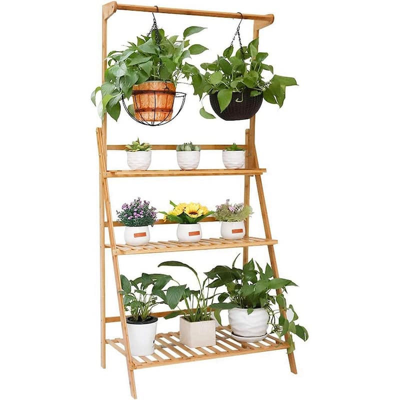27" 3 Tier Plant Stand Hanging Rack Bamboo Plant Ladder Foldable Flower Pots
