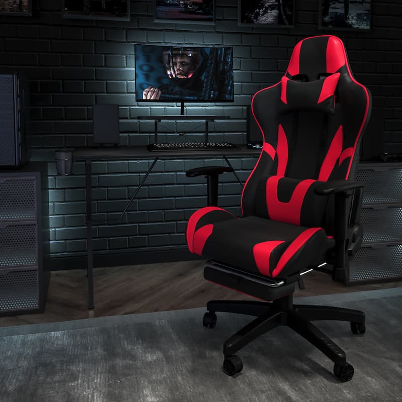 Gaming Desk & Chair Set with Cup Holder, Headphone Hook, and Monitor Stand - Red