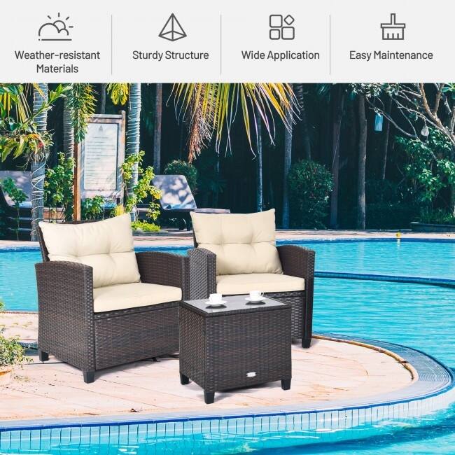 3 Pieces Rattan Patio Furniture Set with Washable Cushion - Chair: 26.5" x 26.5" x 30"